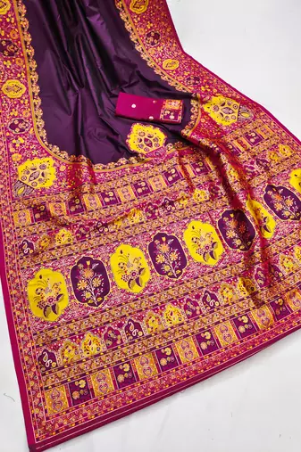 Wine pashmina paithani silk saree with beautifully multicolor border and pallu