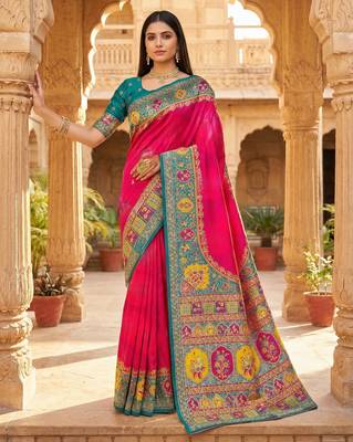 Pink pashmina paithani silk saree with beautifully multicolor border and pallu 1