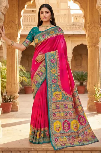 Pink pashmina paithani silk saree with beautifully multicolor border and pallu