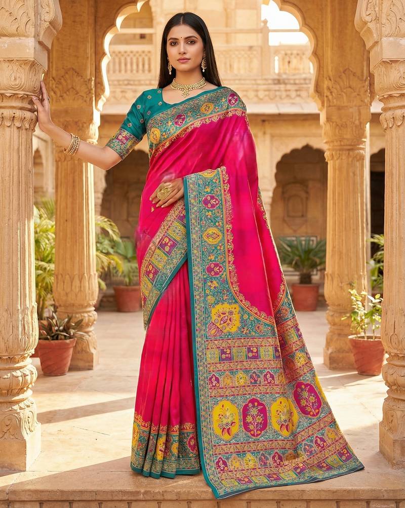 Pink pashmina paithani silk saree with beautifully multicolor border and pallu