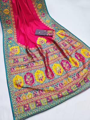 Pink pashmina paithani silk saree with beautifully multicolor border and pallu 2