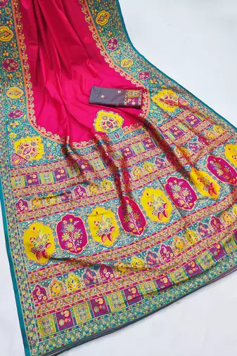 Pink pashmina paithani silk saree with beautifully multicolor border and pallu