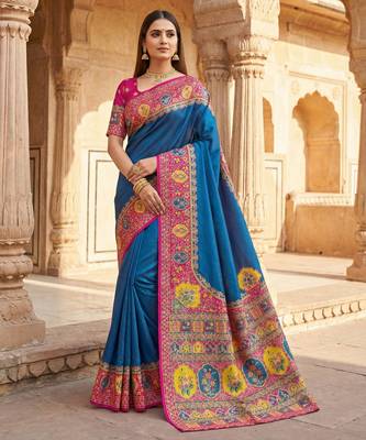 Teal pashmina paithani silk saree with beautifully multicolor border and pallu 1