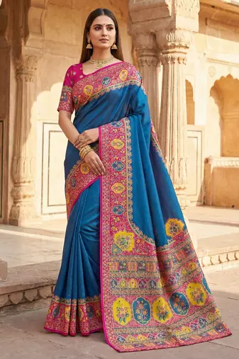 Teal pashmina paithani silk saree with beautifully multicolor border and pallu