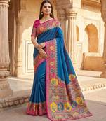 Teal pashmina paithani silk saree with beautifully multicolor border and pallu
