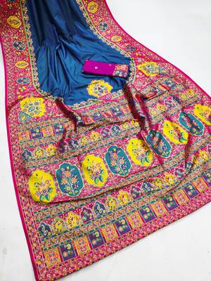 Teal pashmina paithani silk saree with beautifully multicolor border and pallu 2