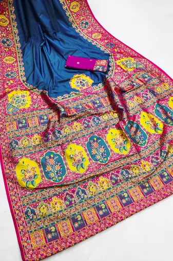 Teal pashmina paithani silk saree with beautifully multicolor border and pallu