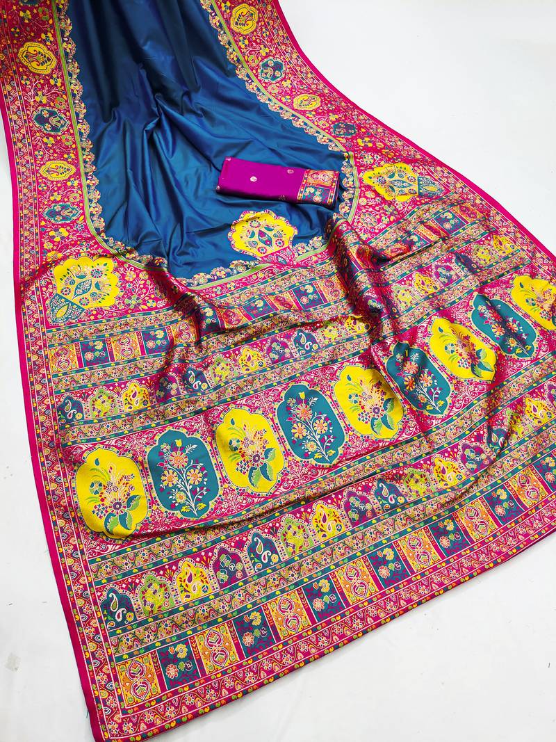 Teal pashmina paithani silk saree with beautifully multicolor border and pallu