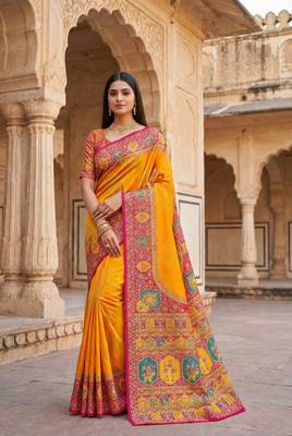 Yellow pashmina paithani silk saree with beautifully multicolor border and pallu 1