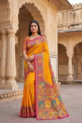 Yellow pashmina paithani silk saree with beautifully multicolor border and pallu