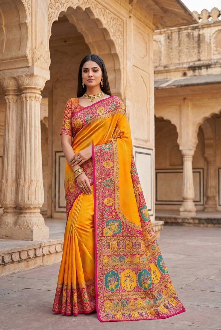 Yellow pashmina paithani silk saree with beautifully multicolor border and pallu