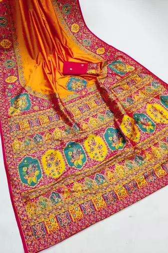 Yellow pashmina paithani silk saree with beautifully multicolor border and pallu