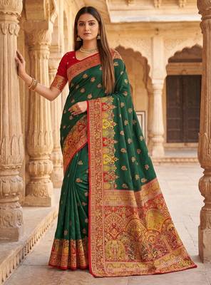 Green pashmina paithani silk saree with beautifully multicolor border and pallu 1