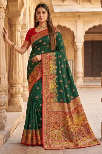 Green pashmina paithani silk saree with beautifully multicolor border and pallu