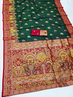 Green pashmina paithani silk saree with beautifully multicolor border and pallu 2