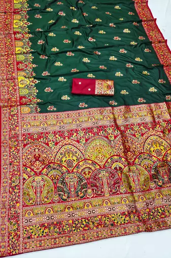 Green pashmina paithani silk saree with beautifully multicolor border and pallu