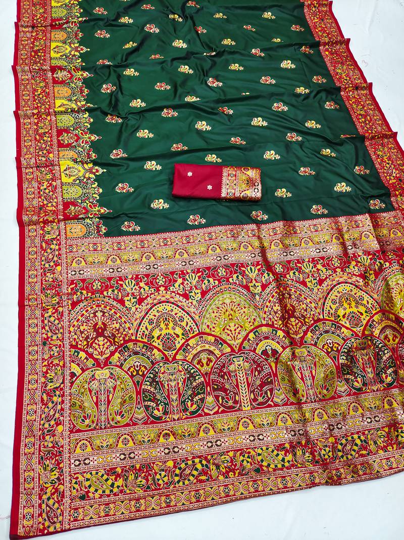 Green pashmina paithani silk saree with beautifully multicolor border and pallu