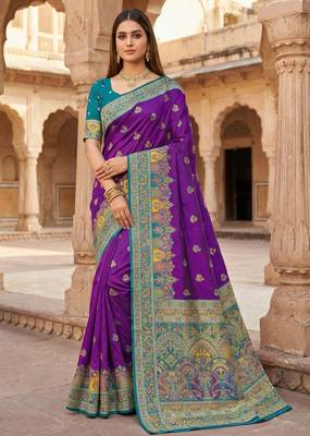 Purple pashmina paithani silk saree with beautifully multicolor border and pallu 1