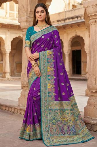 Purple pashmina paithani silk saree with beautifully multicolor border and pallu
