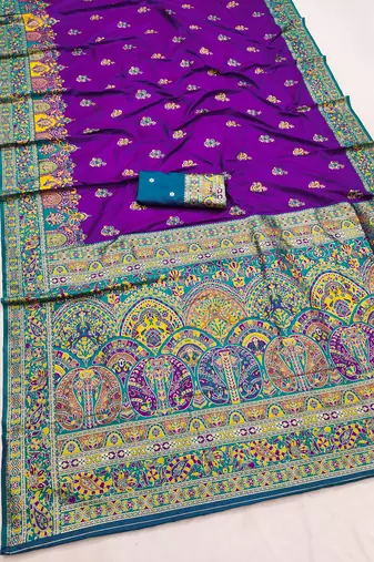 Purple pashmina paithani silk saree with beautifully multicolor border and pallu