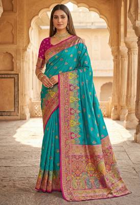 Sky blue pashmina paithani silk saree with beautifully multicolor border and pallu 1