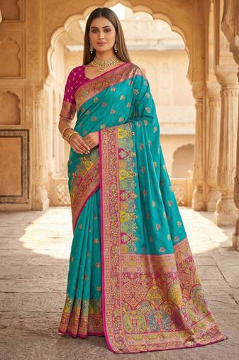 Sky blue pashmina paithani silk saree with beautifully multicolor border and pallu