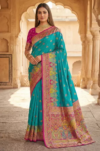 Sky blue pashmina paithani silk saree with beautifully multicolor border and pallu