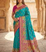 Sky blue pashmina paithani silk saree with beautifully multicolor border and pallu