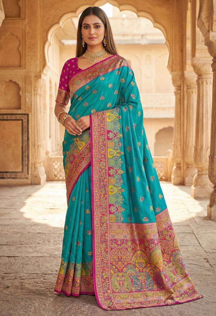 Sky blue pashmina paithani silk saree with beautifully multicolor border and pallu