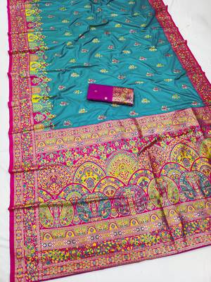 Sky blue pashmina paithani silk saree with beautifully multicolor border and pallu 2