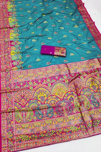 Sky blue pashmina paithani silk saree with beautifully multicolor border and pallu