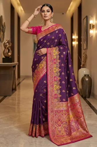 Wine pashmina paithani silk saree with beautifully multicolor border and pallu