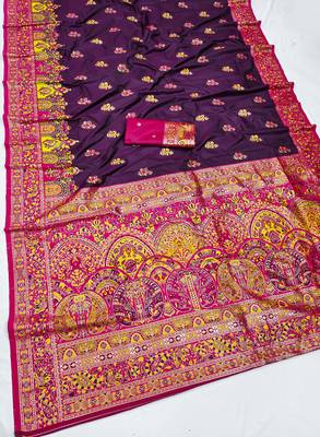 Wine pashmina paithani silk saree with beautifully multicolor border and pallu 2