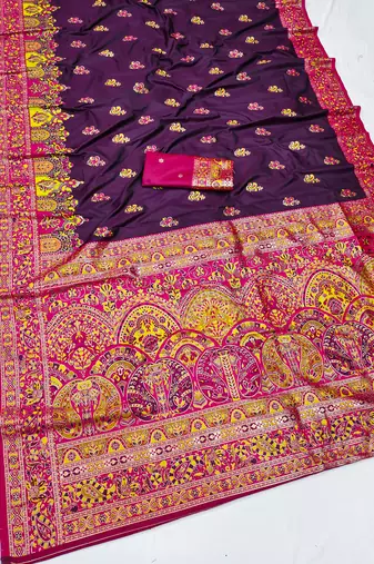 Wine pashmina paithani silk saree with beautifully multicolor border and pallu