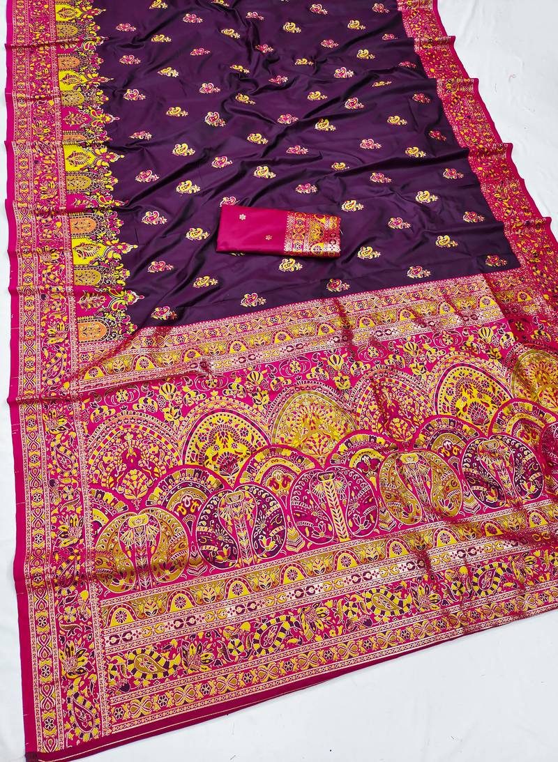 Wine pashmina paithani silk saree with beautifully multicolor border and pallu