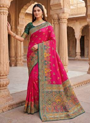 Pink pashmina paithani silk saree with beautifully multicolor border and pallu 1