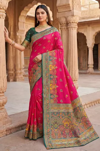 Pink pashmina paithani silk saree with beautifully multicolor border and pallu