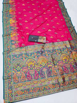 Pink pashmina paithani silk saree with beautifully multicolor border and pallu 2