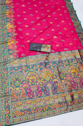 Pink pashmina paithani silk saree with beautifully multicolor border and pallu