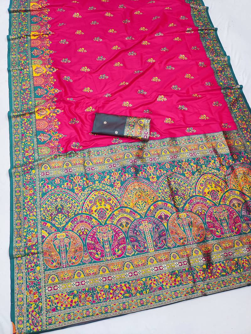 Pink pashmina paithani silk saree with beautifully multicolor border and pallu