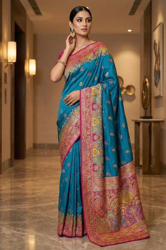 Teal pashmina paithani silk saree with beautifully multicolor border and pallu