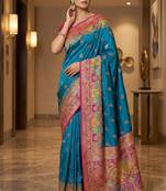 Teal pashmina paithani silk saree with beautifully multicolor border and pallu