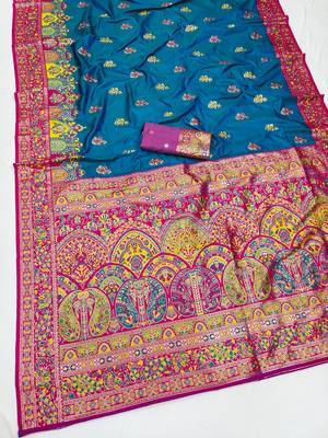 Teal pashmina paithani silk saree with beautifully multicolor border and pallu 2