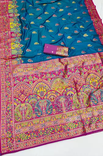 Teal pashmina paithani silk saree with beautifully multicolor border and pallu