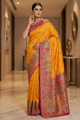 Yellow pashmina paithani silk saree with beautifully multicolor border and pallu