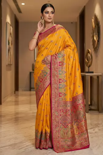 Yellow pashmina paithani silk saree with beautifully multicolor border and pallu
