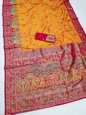 Yellow pashmina paithani silk saree with beautifully multicolor border and pallu 2