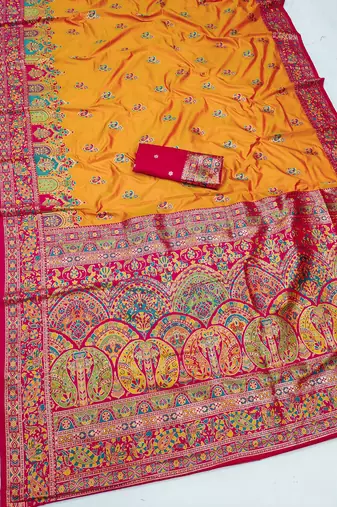 Yellow pashmina paithani silk saree with beautifully multicolor border and pallu