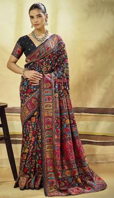 Black hand woven  munga cotton blend saree with blouse 1