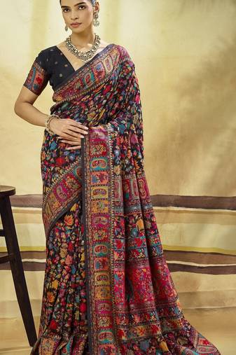 Black hand woven  munga cotton blend saree with blouse